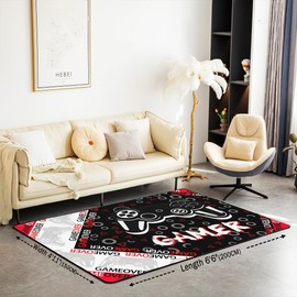 jejeloiu Gaming Area Rug,Geme Sports Accent Rug for Home Living Room Decor,Reversible Modern Game Console Controller Red Black Geometry Pattern Decorative Accent Rug,4x5