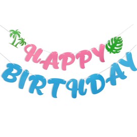 TaoBary Pink Blue Cartoon Happy Birthday Banner Cartoon Tropical Luau Birthday Party Decorations Light Blue Pink Cute Girls Boy Party Supplies for Kids Wall Hanging Baby Shower