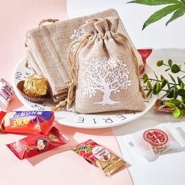 Tree of Life Jute Bags with Drawstring, Tree of Life Linen Bag, Cotton Bag for Jewellery, DIY, Crafts, Weddings, Parties, Christmas, 8 x 10 cm, Pack of 30