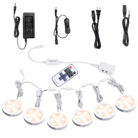 AIBOO Linkable Under Cabinet LED Lighting 12V Dimmable Puck Lights with Wireless RF Remote Control, Hardwired & Wall Plug in for Counter Lighting(6 Lights, Warm White)