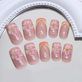 French Tip Press on Nails Flowers Fake Nails Short Square False Nails 3D Floral Acrylic Nails Nude Pink Artificial Nails Glossy Glue on Nails for Women Girls Manicure Art Decoration 24Pcs