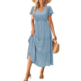 VOTEPRETTY Women's 2024 Spring Fashion Long Dresses Bohemian Short Sleeve V Neck Baby Blue Vacation Outfits Beach Maxi Summer Dress(Baby Blue,L)
