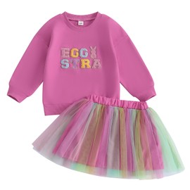 YINGISFITM Toddler Easter Dress outfit Baby Girl Bunny Shirt Sweatshirt Tulle Tutu Skirt Kids Little Girls Easter Clothes (Easter egg hot pink, 3-4 Years)
