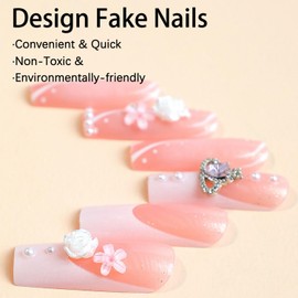 French Tip Press on Nails Long Fake Nails with Charm Bow Heart Designs Full Cover Stick on Nails Square Extra Long False Nails with Glitter Pearl Designs Glossy Artificial Stick on Nails for Women