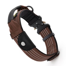 Plutus Pet Tactical Dog Collar with Tracker Pocket for AirTag, Adjustable Reflective Nylon Collar, Metal Buckle, Leather-Wrapped Handle, Soft Padded for Medium Large Dogs (Chocolate, L)