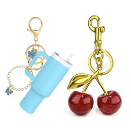 ERTUNA 2pcs Mini Tumbler Keychain & Glitter Cherry Bag Charm, Christmas Gift Cute Charms for Women Purses and Hand Bags - Blue