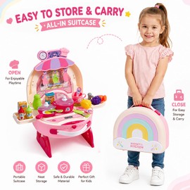 TUZT Kids Kitchen Playset, Toddler Play Kitchen Set Toys with Portable Suitcase, Cooking Stove, Play Sink, Play Food Kitchen Accessories, Pretend Kitchen Toy for Kids Toddlers Girls 3-8