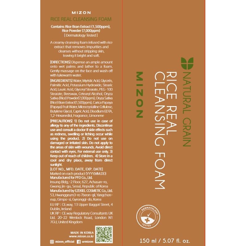 MIZON Rice Real Cleansing Foam Remove Dead Skin Hydrating Soothing
