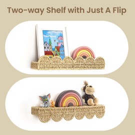 AELS Scalloped Nursery Bookshelf, Set of 2, Picture Ledge Shelf for Wall Decor, Woven Straw Paper Floating Shelves for Books, Toys, Photo Frames, Nursery, Boho Modern Farmhouse Book Shelf, Beige