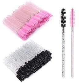 VEGCOO Pack of 200 Crystal Wand Eyelash Brushes, 100 Pieces Pink + 100 Pieces Black Eyebrow Brush, Solid Crystal Rod Mascara Brush for Combing Eyebrows