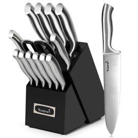 Kuisine Premium Knife Set,One Piece Molding High Carbon Stainless Steel Sharper Blade Ergonomic Non-slip Handle,Kitchen Block Knife Set Chef Knife Block Set with Built-in Sharpener(Black, 15PCS)