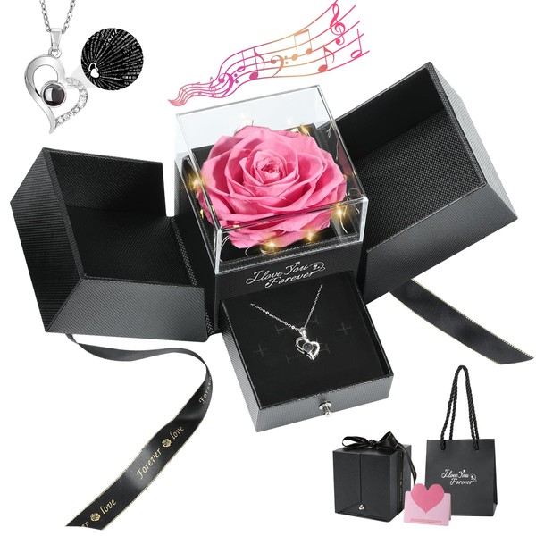 Emibele Preserved Real Pink Rose with S925 Sterling Silver Necklace, Eternal Rose with I Love You Necklace in 100 Languages Music Box with Lights Romantic Gifts for Mom Grandma Wife Girlfriend Her