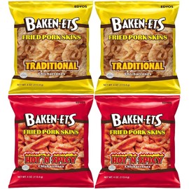 Fried Pork Skins Variety 4 - Pack (2) Traditional 4 oz and (2) Hot & Spicy 4 oz.