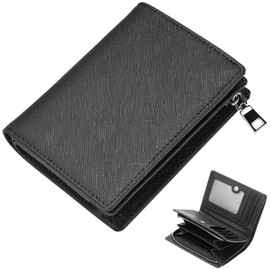 ANZOBEN Men's Bifold Wallet, Compact, Genuine Leather, Foldable, Large Capacity, Multi-functional, Card Case, Coin Purse, Zipper Case, Black, Black