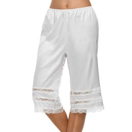 Women Loose Half Slip Shorts Loose Fit Lace Trim Pettipants Culotte Slip Bloomers Split Underwear Shorts (B-White, M)