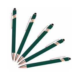 Lenden Pack of 5 Rubberized Comfort Soft Touch 2 in 1 Gel Ink Pen Capacitive Stylus Tip, Premium Metal Medium Point, Black Ink, Compatible with Most Touch Screens (Forest Green)