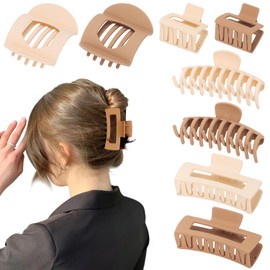 KAZIPA Hair Clips 8 Pcs Set, Flat Claw Clips for Women, Alligator Hair Clips in Khaki & Skin Color, Large Hair Clamps for Thick & Thin Hair, Assorted Styles, French Barrettes