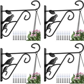 Amagabeli 4 Pack Hanging Plants Bracket 10" Planter Hooks Hangers Flower Baskets Pot Bird Feeder Wind Chimes Lanterns Patio Garden for Outdoor Indoor Wall Fence Screw Mount Door Arm Black BG150