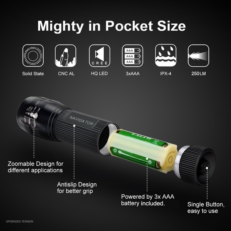 NAVIGATOR 1193 Ultra Bright Portable LED Flashlight, Waterproof, Adjustable Focus,