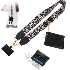 Phone Strap with Zippered Pouch,Clip and Go Strap for Phone with Wallet Crossbody,Adjustable Phone Lanyard Charm for Women Phone Lanyard Crossbody,Cross Body Phone String（Leopard）