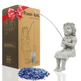 Goodeco Fishergirl Statue Garden Decor - 11" Little Fishing Guy for Koi Pond or Waterfalls, Poolside Statue with Glow in Dark Pebbles Included, Great Gifts for Mom, Women or Birthdays, Gift Ideas