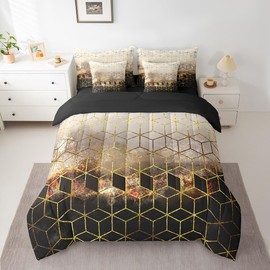 Feelyou Gold Black Comforter Set with Sheets Twin Size Geometric Luxury 7 Piece Bedding Set for Kids Boys Girls Gold Honeycomb Bed in a Bag Soft Gold Bed Set