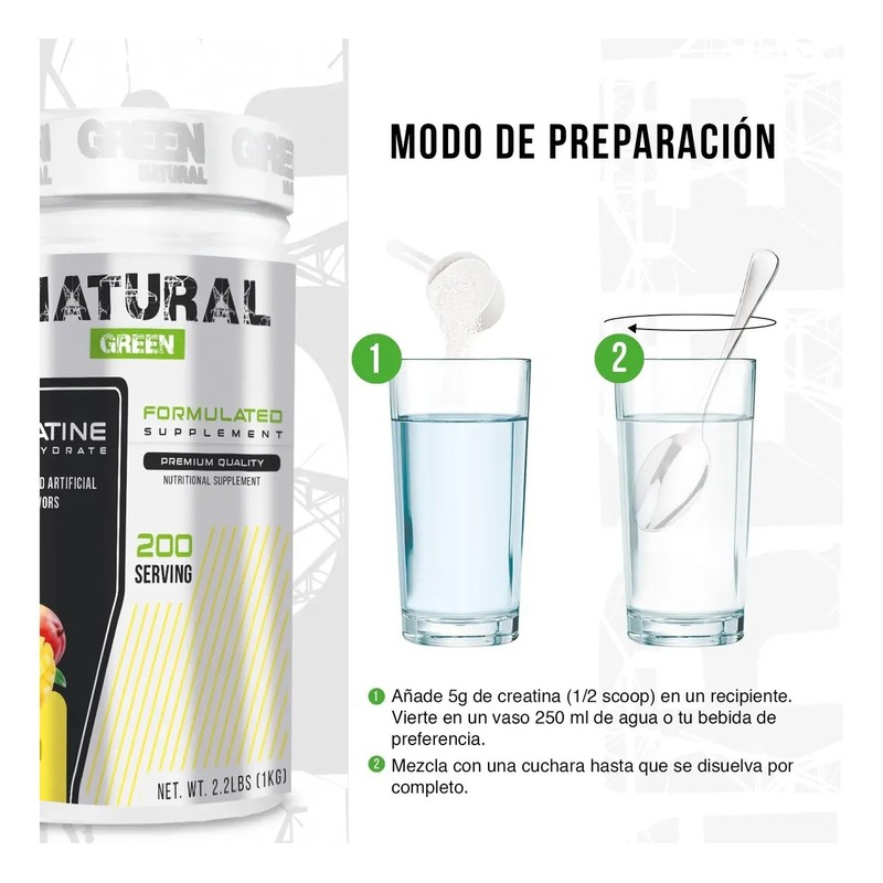 Creatina Monohidratada Natural Green 1kg 200 Servicios