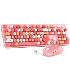 Wireless Keyboard and Mouse Combo, MOWUX Colorful Computer Full Size 2.4G Plug and Play Wireless Typewriter Keyboard and Mouse Set for Windows, Computer, Desktop, PC, Notebook (Pink Colorful)