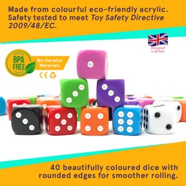 Smith’s® 40 Pack of Eco Friendly Dice | 16MM | 6 Sided Dice | No Harmful Materials | Rounded Edges for Smoother Rolling | 8 Beautiful Custom Colours