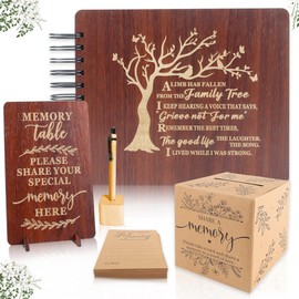 PREKIAR Funeral Guest Book for Celebration of Life, Wooden Guest Sign in Books for Memorial Service, Guestbook Set with 50pcs Share a Memory Cards Box Table Sign and Pen (Brown- Guest Book Set #1)