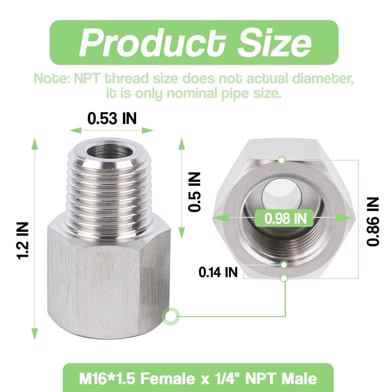 Goldpea Stainless Steel 304 M16*1.5 Female Thread x 1/4" NPT