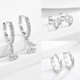 3 Pairs Silver Stud Hoop Earrings Set for Women Girls, 14K White Gold Plated Dainty Stacks Small Horse Eye Stud Butterfly Cubic Zirconia Hoop Earrings for Multiple Piercings