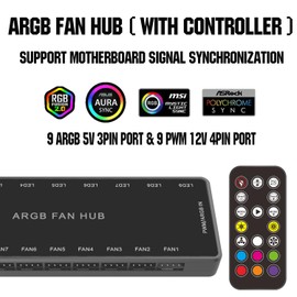 ARGB PWM Fan Hub, Addressable 5V-3PIN ARGB 12V 4PIN PWM 2-in-1 RGB Case Fan Hub with Controller and SATA Power Input, 9 Fan Port and 9 LED Port, PC Fan hub Support 9 Computer ARGB PWM Fans Splitter
