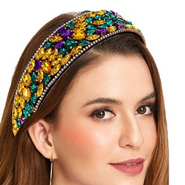 Coridy Rhinetsones Pearl Headbands Purple Wide Hairbands for Women with Beaded Baroque Bejewelled Embellished Headband for Party Birthday (C-Yellow, normal)