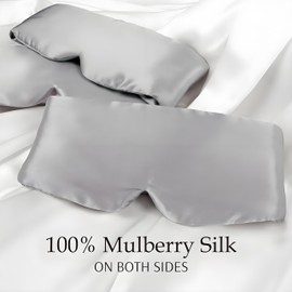 BYDT 100% Mulberry Silk Sleep Mask Eye Mask for Women Man with Adjustable Band, for Side Sleeper Blackout Sleep Mask for Travel Rest and Office Large Size Silvergrey