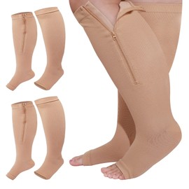Hillban 2 Pair Plus Size Calf Zipper Compression Socks 15 to 25 Mmhg Open Toe Compression Stockings for Overweight Women Men (Nude,XL)