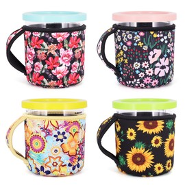 4Pack Reusable 24oz Ice Cream Sleeves with Handle, Neoprene Insulated Sleeves for Ninja Creami NC501, NC500 Series Deluxe Ice Cream Maker Containers(Floral Meadow)
