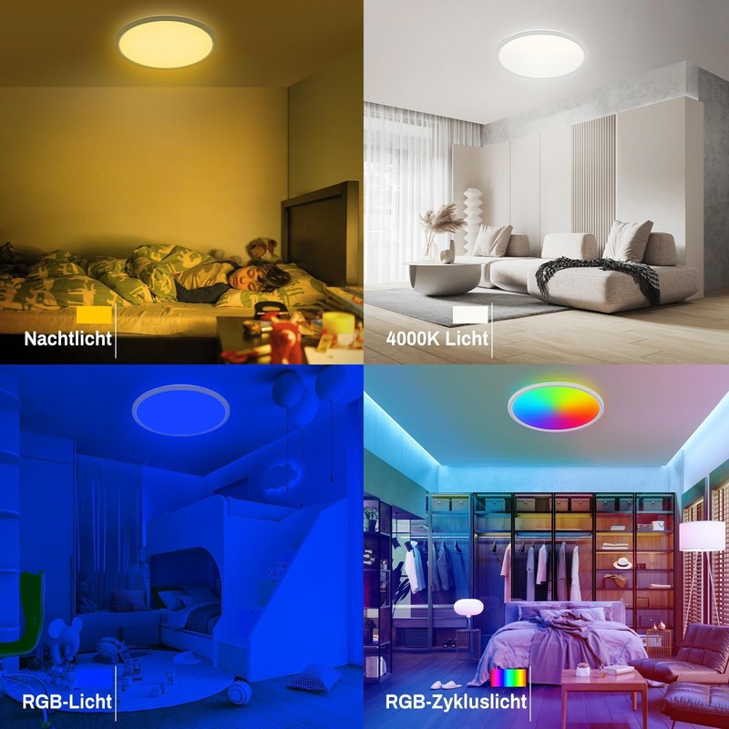 zemty LED Ceiling Light, Dimmable, 24 W, 3200 lm, RGB