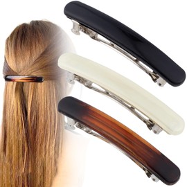 BEIQIYA 3pcs French Hair Barrette, Oval Flat Tortoise Shell Hair Clips, Non-Slip Vintage Long Short Straight Curly Hairpin Accessories for Women- Black & White & Amber