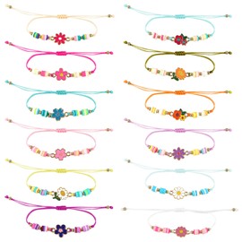 Hopton 12 Pcs Colorful Girls Bracelets, Flat Flower Bead Adjustable BFF Friendship Bracelets, Cute Girls Party Bag Fillers, Inspirational Bracelet for Women Kids Teens