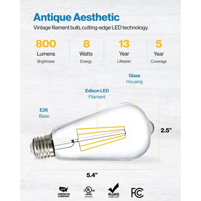 Sunco 12 Pack Edison Bulbs LED ST64, Clear Vintage Filament