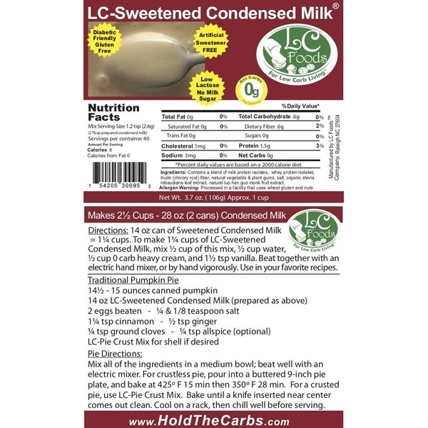 Low Carb Condensed Milk Mix (Sweetened) - LC Foods - All Natural - High Protein - Low Lactose - High Calcium - No Sugar - Diabetic Friendly - Low Carb Milk - 3.7 oz