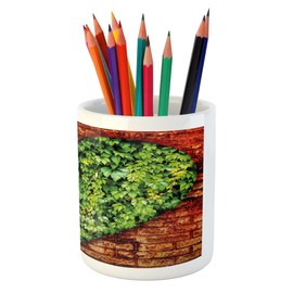 Lunarable Love Pencil Pen Holder, Heart Shaped Curve on Brick Wall with Full of Leaves Valentines Romance Print, Printed Ceramic Pencil Pen Holder for Desk Office Accessory, Red Lime Green