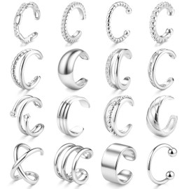 JeweBella Ear Cuff Non Piercing Gold/Silver Clip on Earrings 18K Gold Plated Ear Cuffs for Women Girls Adjustable Chunky Fake Piercing Earrings Set Hypoallergenic Cartilage Helix Wrap Earring Set