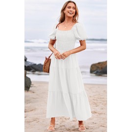 PRETTYGARDEN Short Sleeve Tiered Summer Dresses for Women 2024 Vacation Flowy Maxi Dress Square Neck Ruffle Casual Dresses (White,Small)