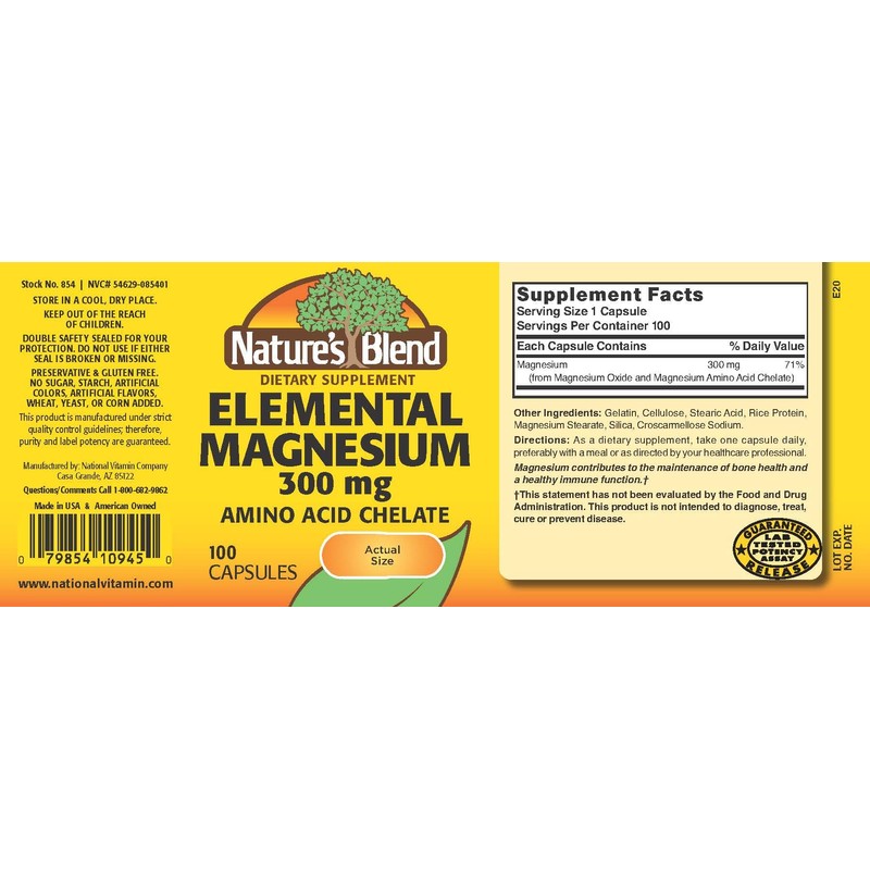 Nature's Blend Elemental Magnesium Amino Acid Chelate 300 mg, 100