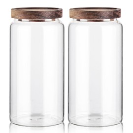 Labina Glass Storage Container Airtight Food Jars Kitchen Canister with Wood Lids, 40 Oz Wide Mouth Pantry Organization Glass Jar for Flour, Sugar, Cookie, Spagetti, Nuts and Candy (2 Pack)