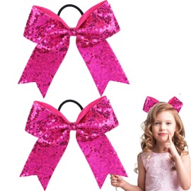 2 Packs Jumbo Cheerleading Bow 6 Inch Cheer Hair Bows with Ponytail Holder for Teen Girls Softball Outfit Uniform (Sequin Hotpink)