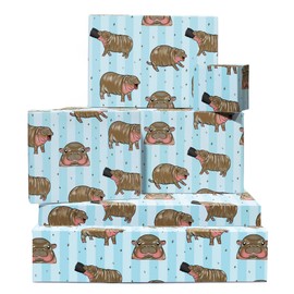Baby Animal Wrapping Paper - 6 Sheets Blue Wrapping Paper - Baby Hippo Moo Deng - Hippo - for Men, Women, Kids - With Stickers - Recyclable - From Central 23