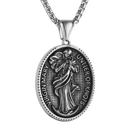 HZMAN Stainless Steel Guadalupe Virgin Mary Oval Pendant Necklace for Women Men 22+2Inch Chain